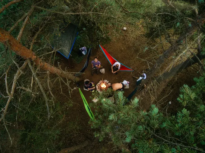 a group of people sitting around a campfire in the woods